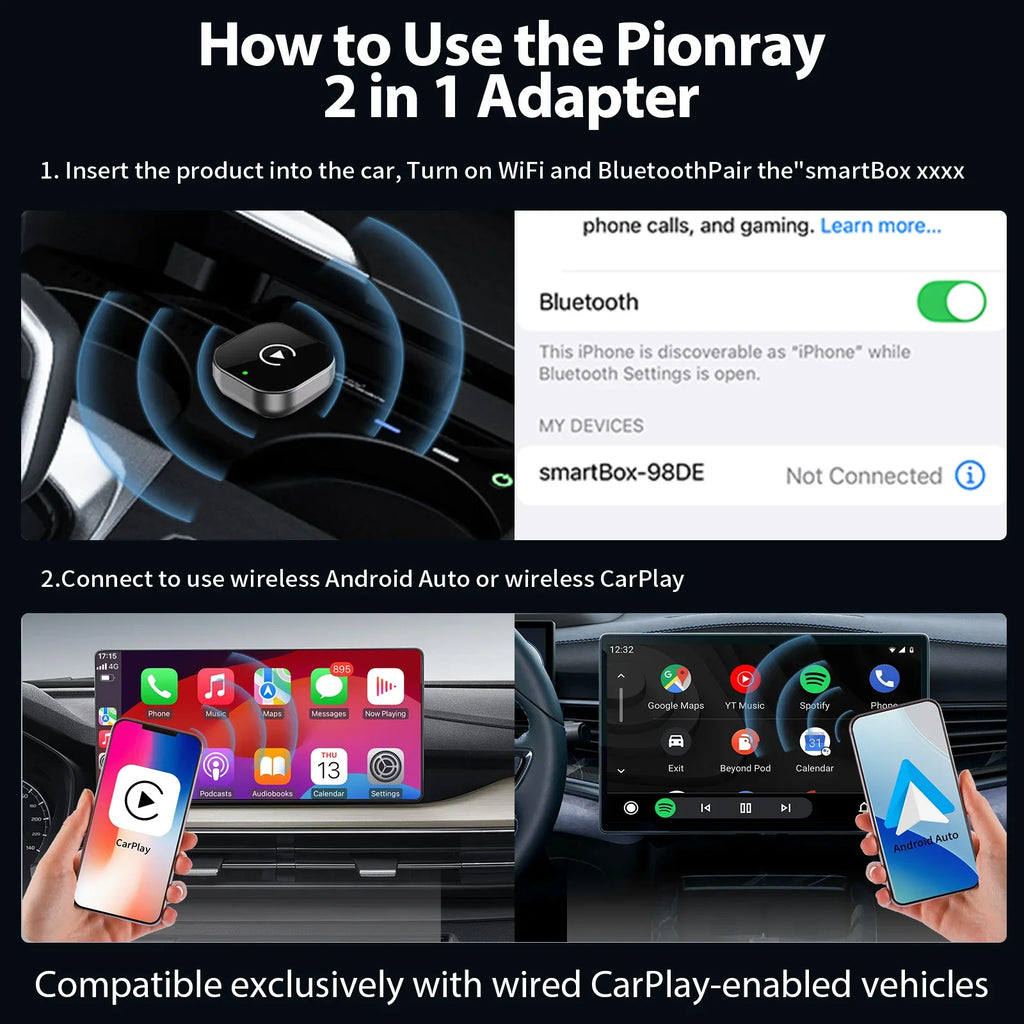 מתאם אלחוטי קומפקטי 2‑ב‑1 ל‑CarPlay ו‑Android Auto – Pionray