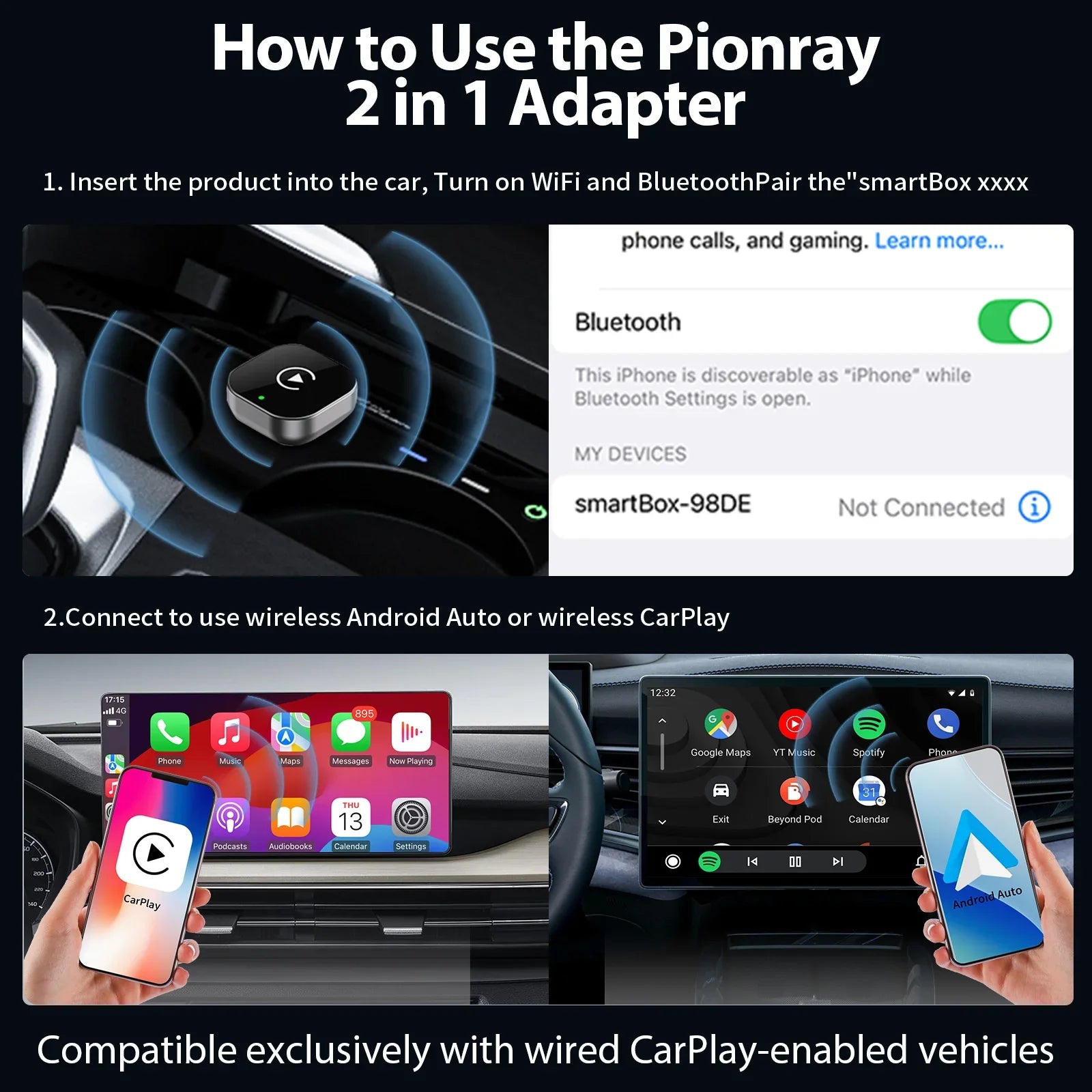 מתאם אלחוטי קומפקטי 2‑ב‑1 ל‑CarPlay ו‑Android Auto – Pionray
