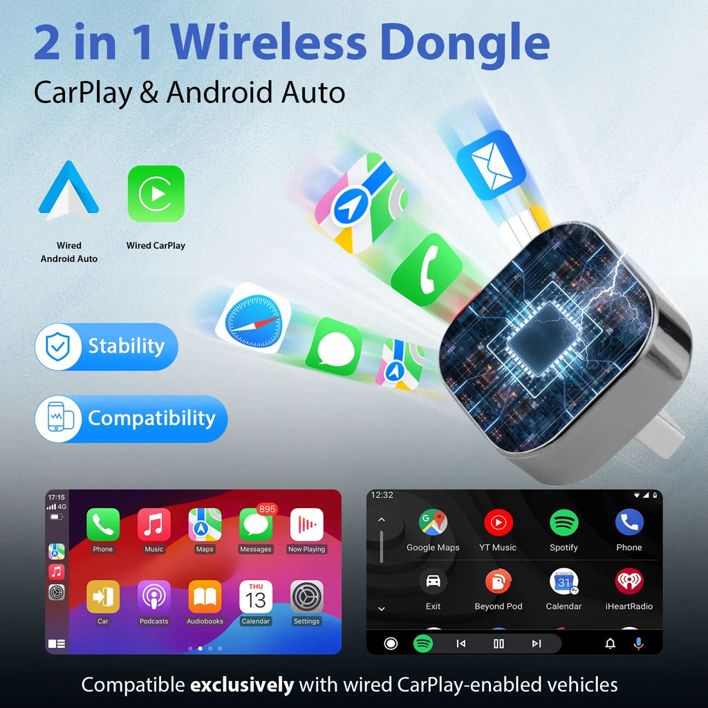 מתאם אלחוטי קומפקטי 2‑ב‑1 ל‑CarPlay ו‑Android Auto – Pionray